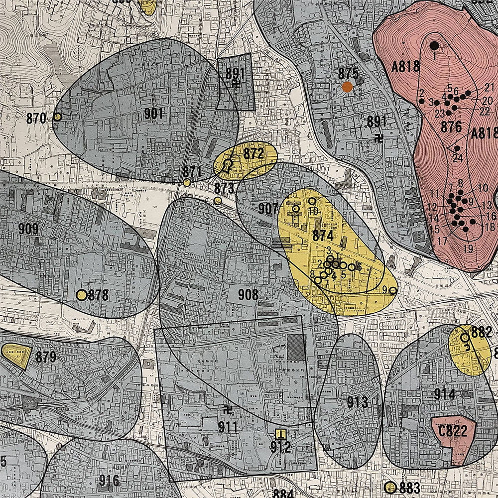 遺跡などの分布を示す埋蔵文化財の地図