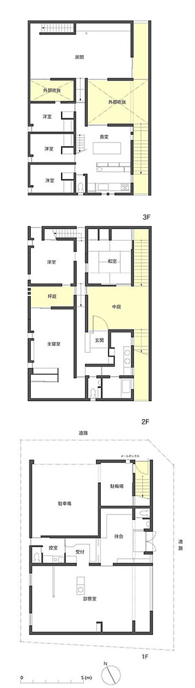診療所と中庭のある家・菱屋西の整骨院|間取り